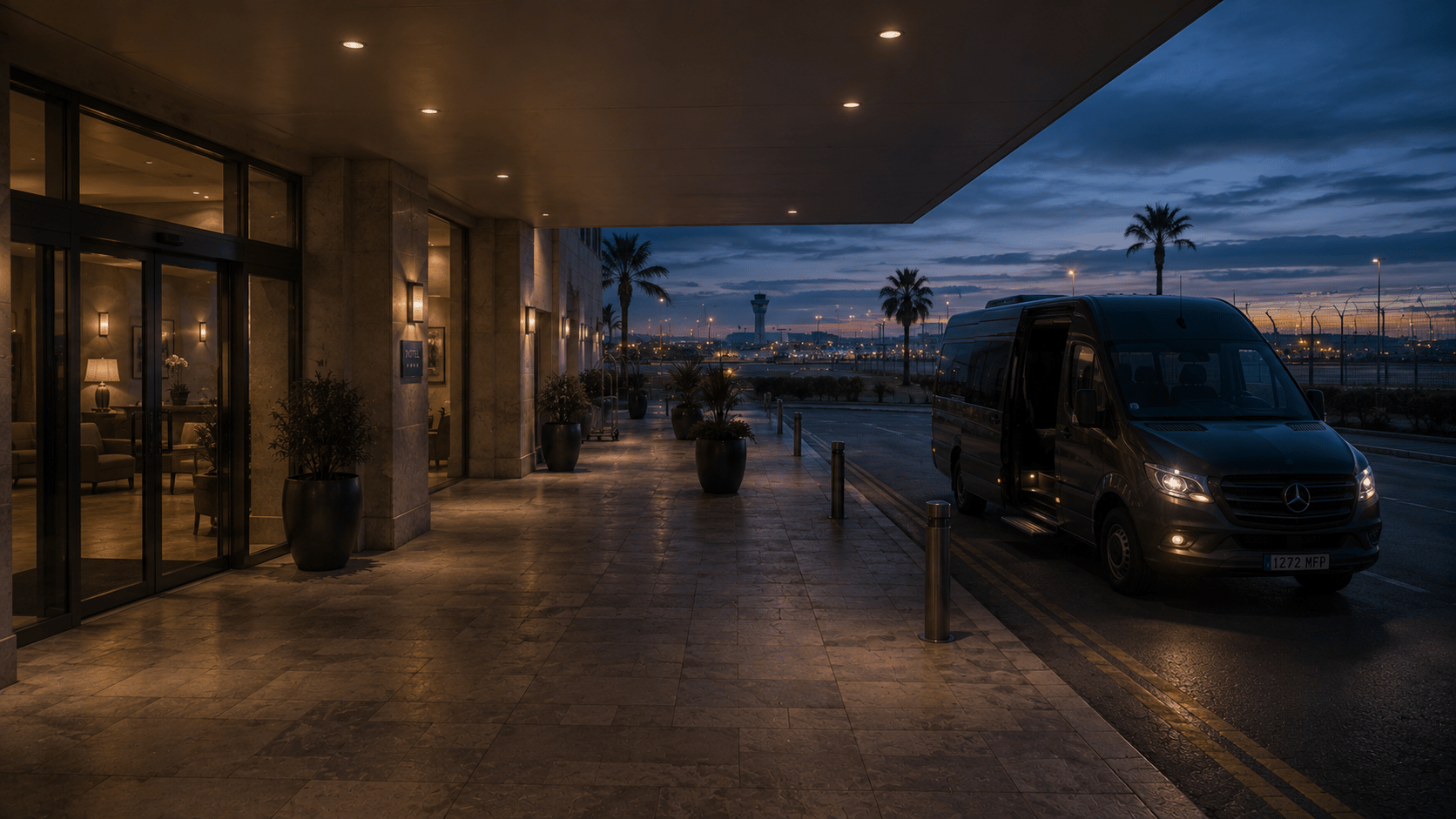 AEROCIETY PMI hotel exterior and crew-pickup scene